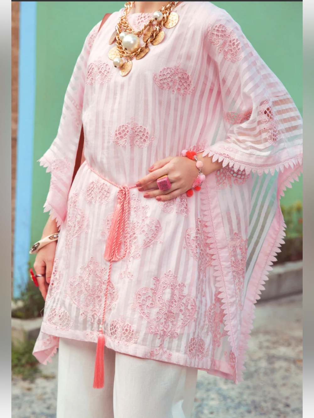Pakistani Almirah Khaddi Net Embroidered  Cut Work Kaftan Style Kurta New L